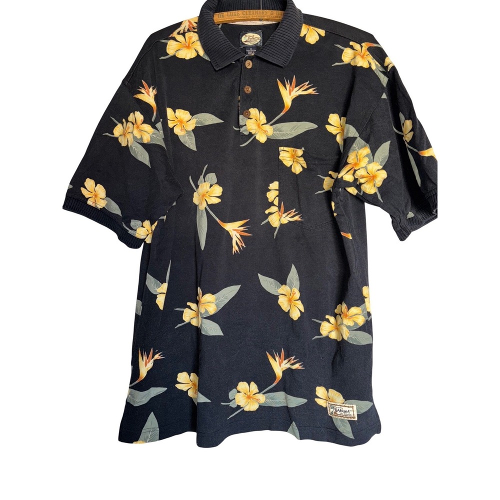 Tommy Bahama Mens M Black Floral Bird of‎ Paradise Hibiscus Polo Shirt Golf VK